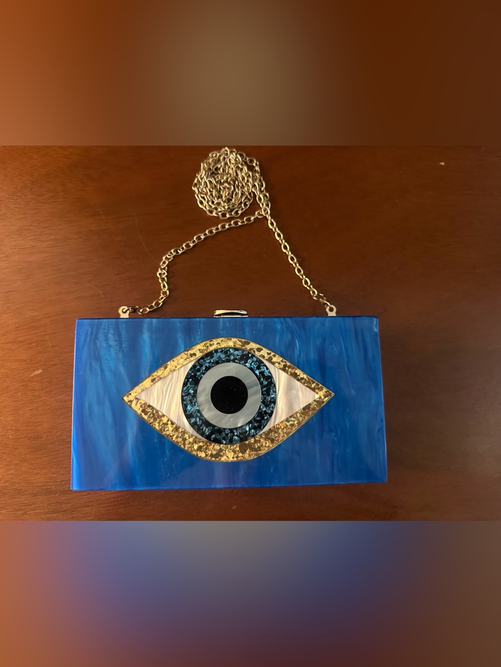Blue Evil Eye Acrylic Clutch with Gold Chain Strap